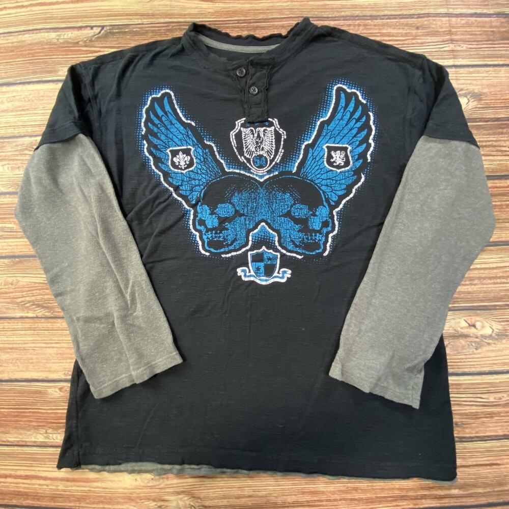 Y2K Skull Crown Graphic Shirt Mens L Blue Winged Skull Biker Graphic Tee